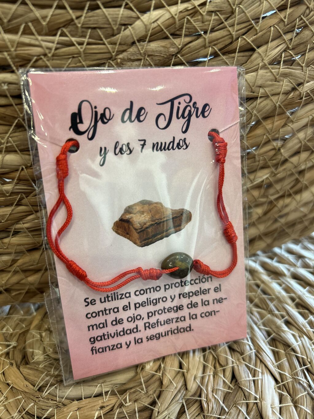 PULSERA 7 NUDOS ROJA CON OJO DE TIGRE