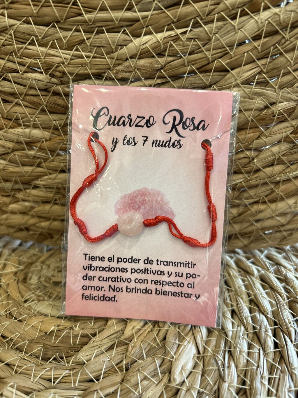 PULSERA 7 NUDOS ROJA CON CUARZO ROSA